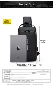 Detailed size chart for a large anti-theft chest bag with iPad capacity and USB port