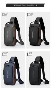 Detailed view of four multi-color waterproof business chest bags with USB charging ports