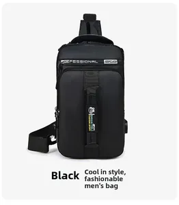 Detail of durable black oxford fabric chest bag featuring secure zipper pockets