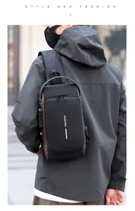 Detail view of anti-theft chest bag with combination lock and USB charging port