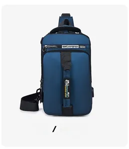 Detail of durable blue oxford fabric and vertical webbing on men's multi-functional chest bag