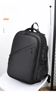 Detail view of water-resistant black business backpack with functional side zipper pockets