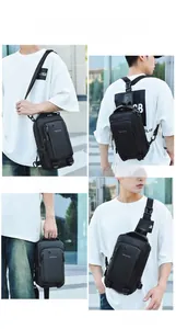Black oxford chest bag for men showing crossbody, backpack, handheld, and chest carry modes
