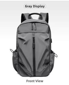 Front view of a dark grey multifunctional backpack with vertical zipper and side pockets