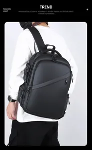 Detail view of the black waterproof business backpack with functional side pockets