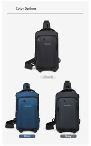 Three men's oxford crossbody bags in black, blue, and grey displayed on white background