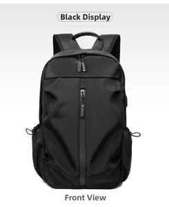 Front view of a professional black waterproof business backpack with functional zip pockets