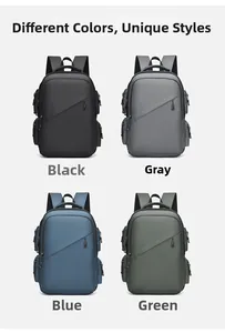 Business laptop backpack shown in four colors: black, grey, blue, and green options