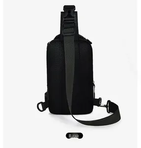 Back view of men's oxford chest bag featuring breathable honeycomb mesh and USB port