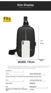 Dettaglio dimensioni borsa a tracolla impermeabile con porta USB e blocco antifurto