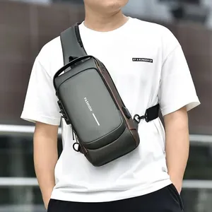 Waterproof anti-theft chest bag for men with USB port and combination lock in dark green