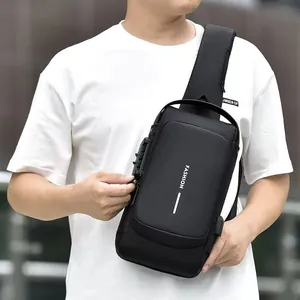 Waterproof black anti-theft sling bag for men with USB port and coded lock in city style