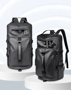 Macro detail of waterproof matte leather texture and buckles on black travel backpack