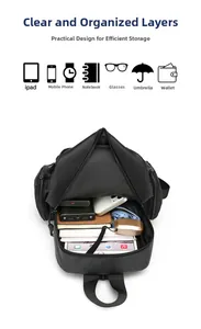 Internal view of multifunctional chest bag showing spacious storage for tablet and gadgets