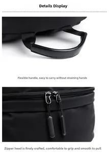 Close-up of durable top handle and smooth double metal zippers on black backpack