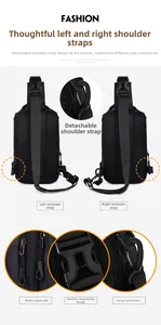 Detail of adjustable shoulder strap hook and breathable mesh on black Oxford chest bag