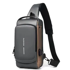 Waterproof grey sling bag for men with USB port and anti-theft combination lock