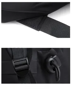 Detail of high-density nylon backpack showing reinforced stitching and adjustment buckle