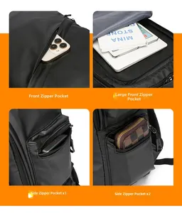 Detail view of water-resistant business backpack featuring multi-zippered storage pockets