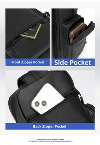 Detailed views of multi-pocket black chest bag with waterproof fabric and zippers