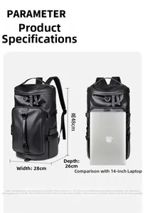 Detailed dimensions of the black waterproof travel backpack with 14 inch laptop fit