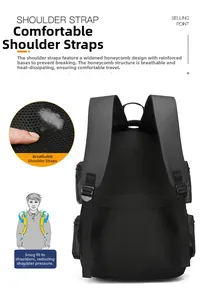 Ergonomic breathable mesh shoulder straps on a black business backpack with padding