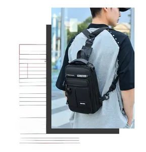 Detail of adjustable padded shoulder strap and buckle on a black oxford sling bag for men