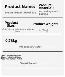 Detailed specifications of the waterproof travel bag including 28x48x26cm dimensions