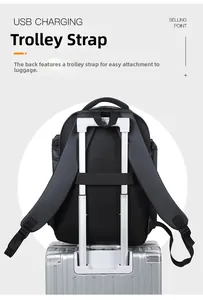 Detail of black business backpack with luggage strap secured to a silver suitcase