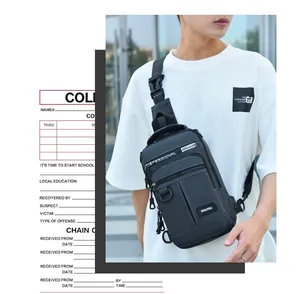 Detail showing tactical buckle, waterproof fabric, and zip pockets on the crossbody chest bag