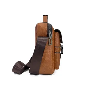 Detail of brown PU leather bag side with dual compartments and metal zippers