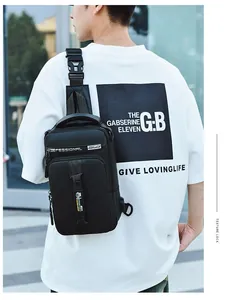 Detailed side view of a black multi-functional oxford chest bag with buckle strap