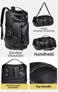 Detail view of the black travel bag showing four carrying modes and stowable shoulder straps