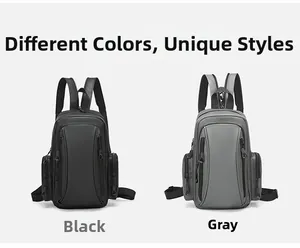 Waterproof multi-functional backpacks in black and grey colors showing dual front zip pockets