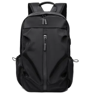 Minimalist black waterproof business backpack with front vertical zip and leather handle