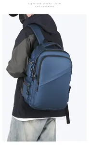 Side view of dark blue waterproof laptop backpack with multi-compartment functional design