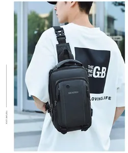Close-up of durable black oxford fabric and adjustable shoulder strap buckle on chest bag