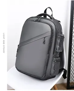 Detail view of water-resistant business backpack with asymmetrical front zipper and side pockets