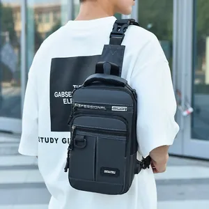 Men's dark gray multifunctional Oxford fabric chest bag shown in a professional outdoor setting