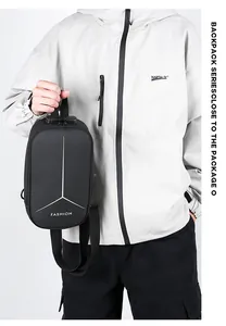 Detailed side view of the versatile black crossbody chest bag with USB port and stylish print