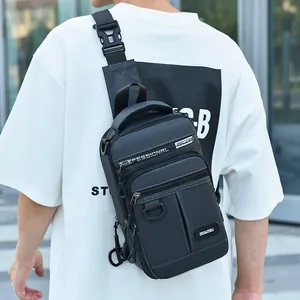 Waterproof dark grey oxford cloth chest bag for men with multiple zipper compartments