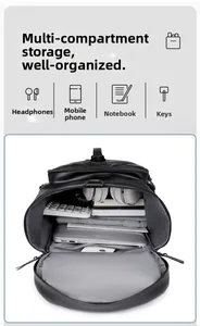 Multi-compartment storage detail showing laptop, headset, and organized interior space