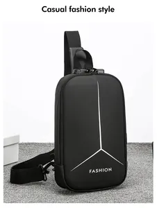 Detail of the anti-theft combination lock and waterproof fabric on this black chest bag