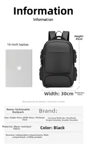 Guide des tailles sac à dos noir 45x30x14cm montrant la capacité pour ordinateur