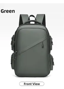 Front view showing waterproof fabric texture and side zipper pockets of the green backpack