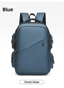 Front view of a blue waterproof business laptop backpack with multiple zipper pockets