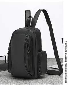 Side view of waterproof backpack showing external USB charging port and multiple pockets