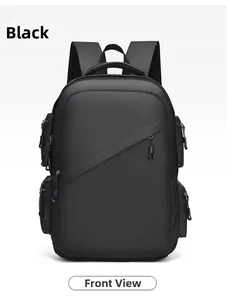 Front view of black waterproof business backpack with diagonal zip pockets and side storage