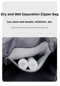 Detail view of the waterproof wet-dry separation pocket with premium metal zipper for travel