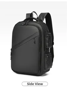 Sleek black waterproof business backpack featuring multi-pocket design and side view details